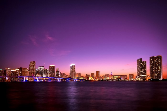 Miami Skyline at Dusk with Bridge and Water