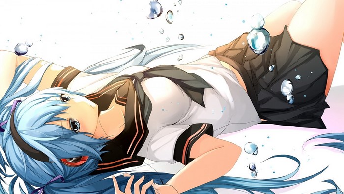 Hatsune Miku from Vocaloid lying down with headphones