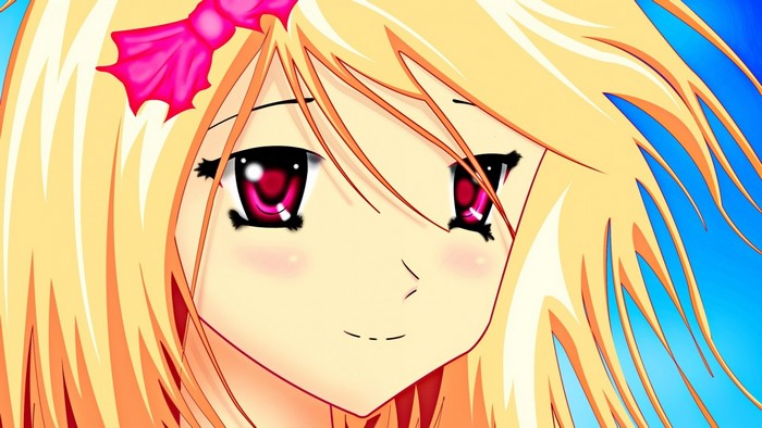 Anime girl with blonde hair and pink bow