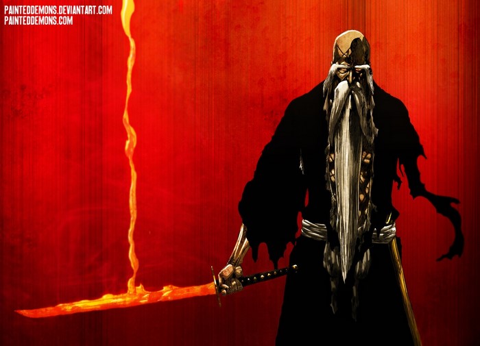 Genryusai Shigekuni Yamamoto from Bleach with flaming sword
