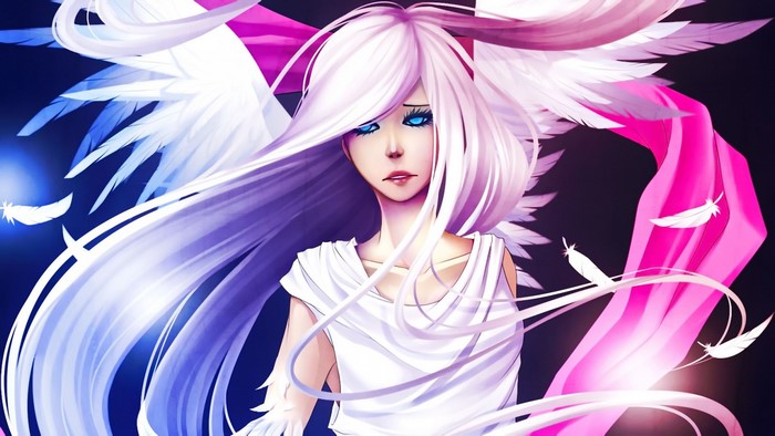 Anime girl with white wings and pink ribbons