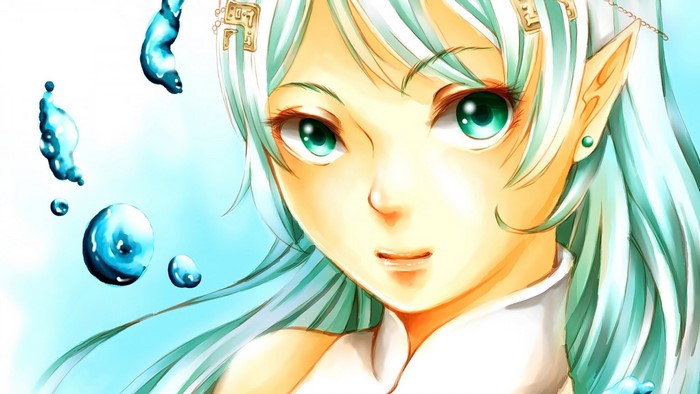Anime girl with pointed ears and blue water droplets