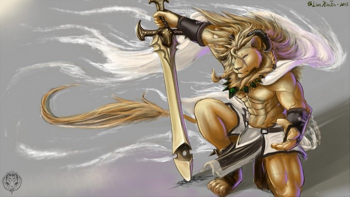 Anthropomorphic lion warrior holding a sword