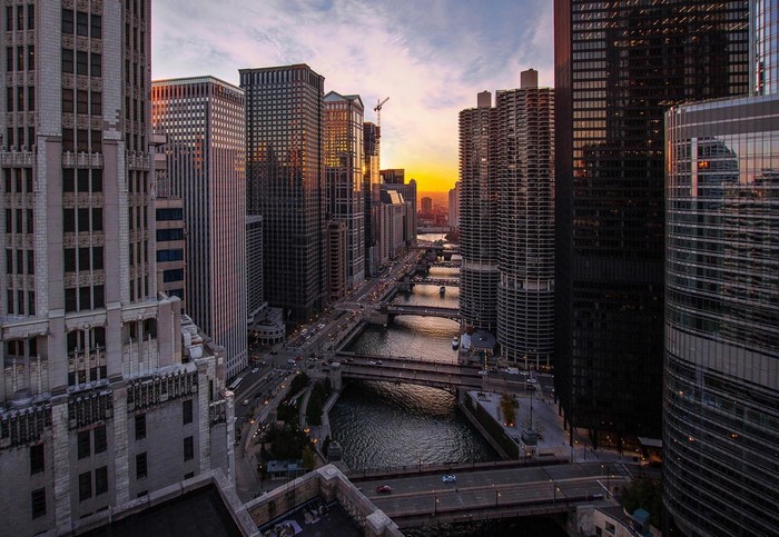 Chicago River and Skyscrapers at Sunset
