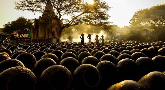 Sunlit Pottery and Silhouettes at Bagan Temple