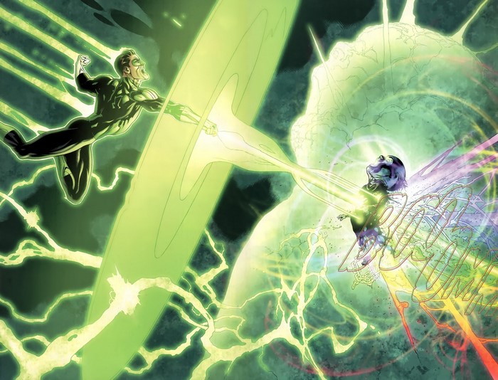 Green Lantern fighting a creature with green energy