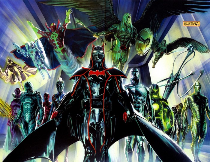 Justice League characters in a dramatic illustration