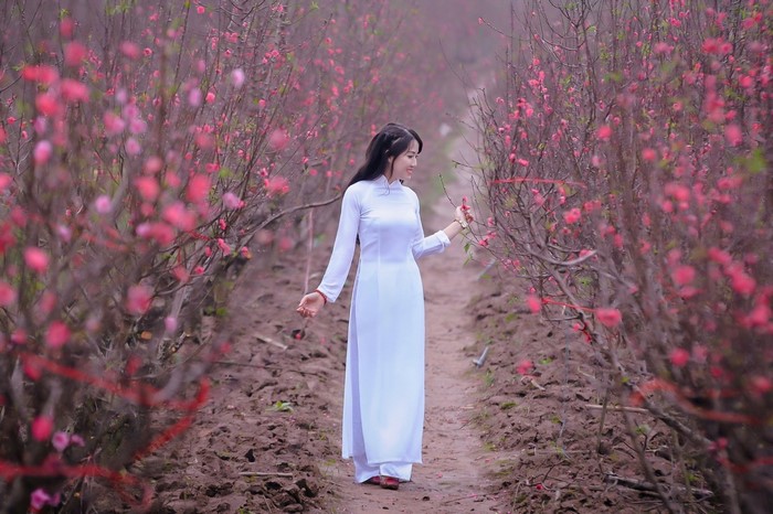 Woman in white dress in a field of pink flowers