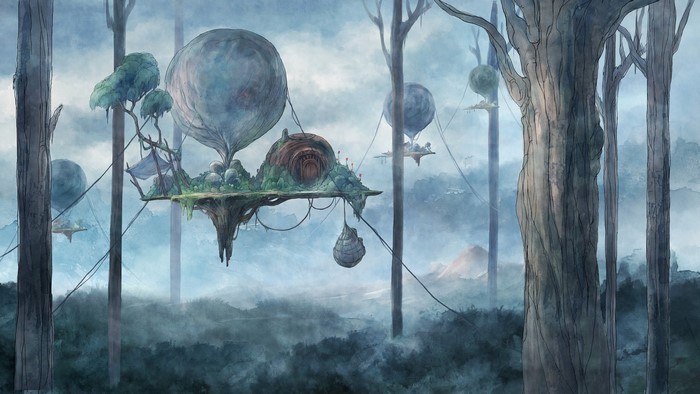 Floating islands in a misty forest