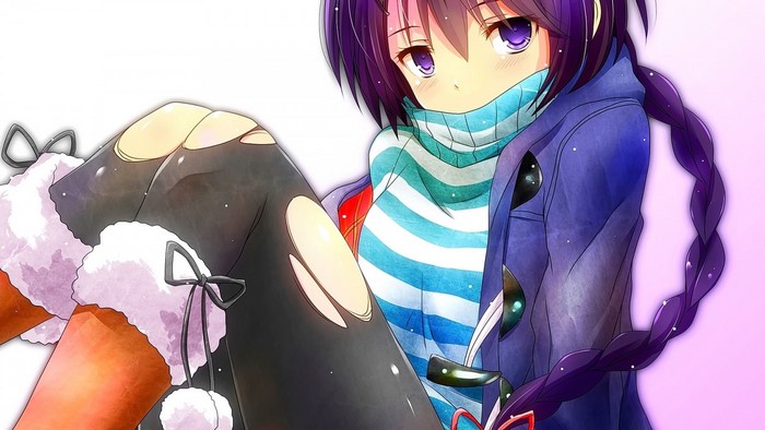 Anime girl with purple hair and torn pantyhose