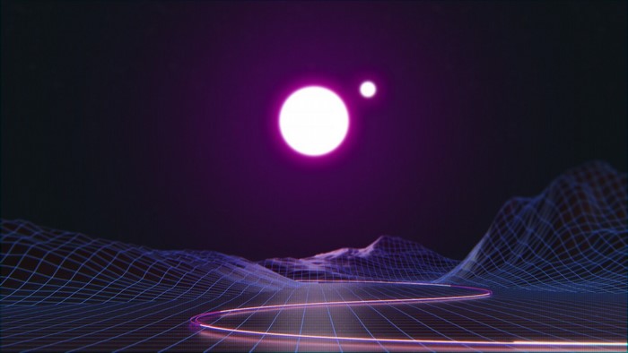 Retro-futuristic landscape with two moons and a glowing road
