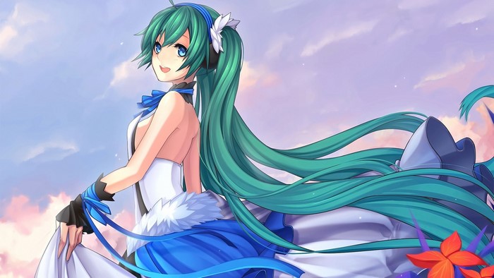 Hatsune Miku from Vocaloid in a white and blue dress