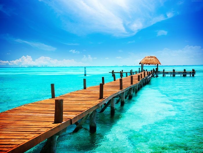 Wooden pier in Cancun, Mexico, Caribbean Sea