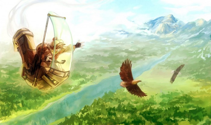 Steampunk flyer with eagles over mountains and river