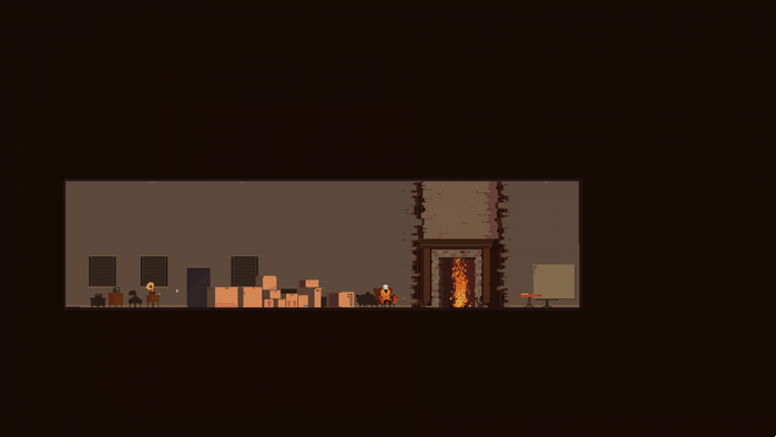 Pixel art interior with fireplace and character