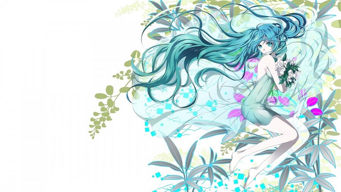 Hatsune Miku with flowers and plants