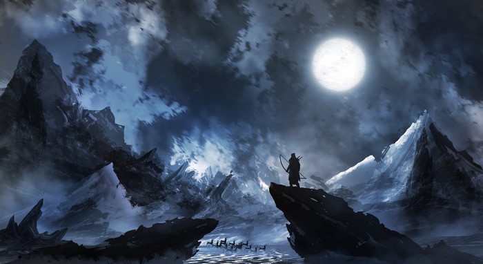Fantasy hunter with bow and arrow on a snowy mountain under the moon