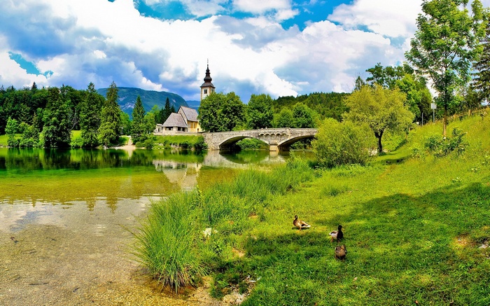 Stone bridge over a river with a church and trees