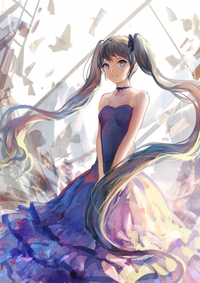 Hatsune Miku from Vocaloid in a blue dress with twintails