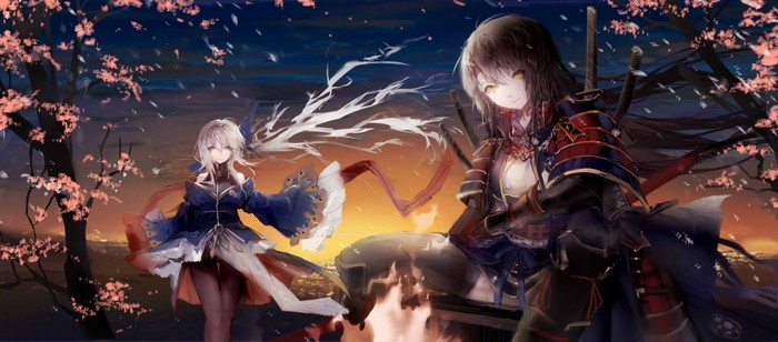 Anime girls with swords by a campfire under cherry blossoms