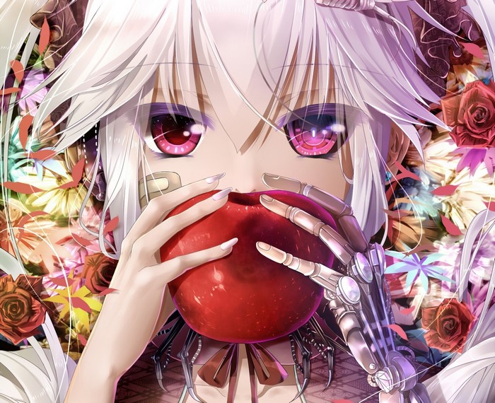 Anime girl with robotic arm holding an apple