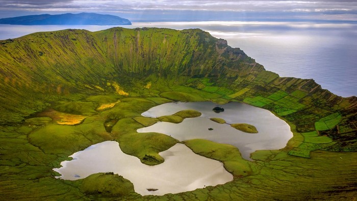 Aerial view of volcanic crater lakes on Flores Island, Azores