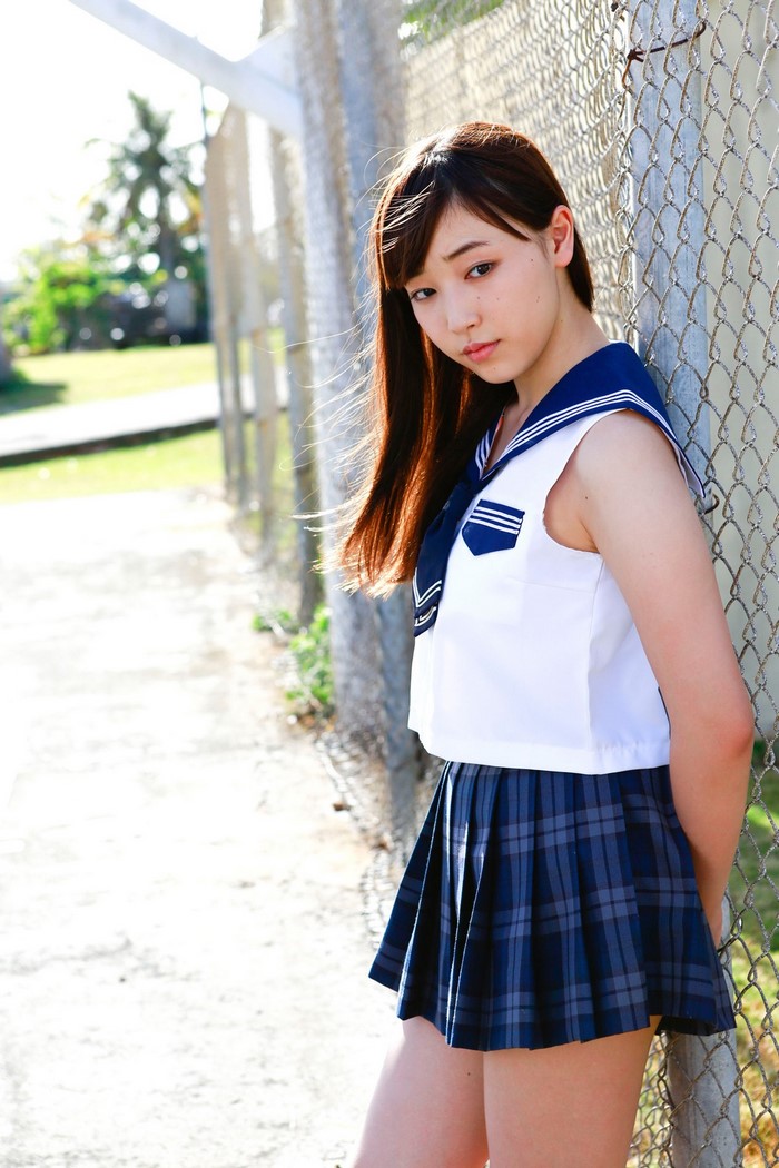 Mizuki Fukumura in Blue School Uniform by Fence