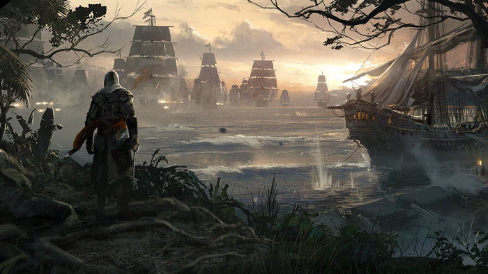 Edward Kenway from Assassin's Creed Black Flag overlooking ships