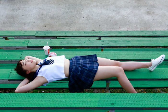 Mizuki Fukumura Relaxing on Green Benches