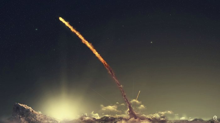Meteor streaking across a starry night sky over mountains