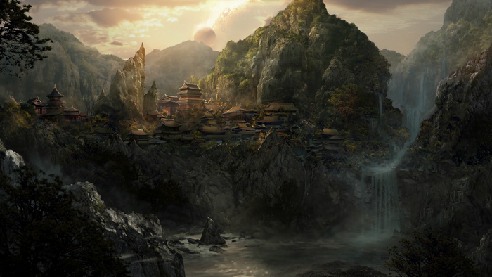 Ancient city nestled in a mountainous landscape with waterfalls