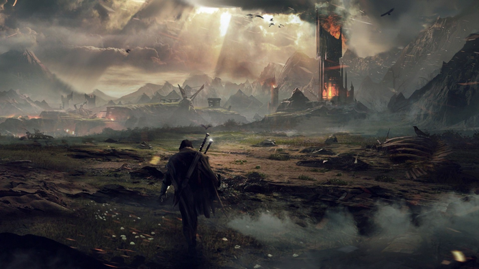 Man walking towards a dark tower in Mordor