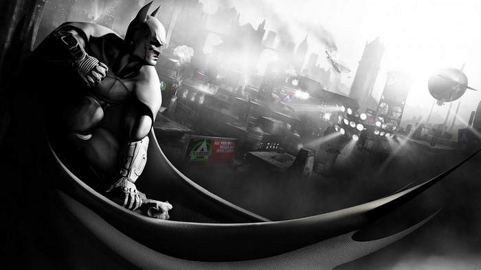 Batman from Batman Arkham City crouches on a ledge