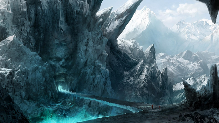 Ice cave entrance with glowing blue water and snowy mountains