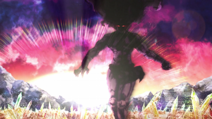 Dark figure with red eyes in a colorful sky
