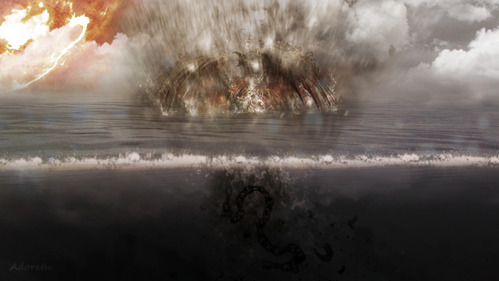 Phoenix rising from the sea with sun and clouds