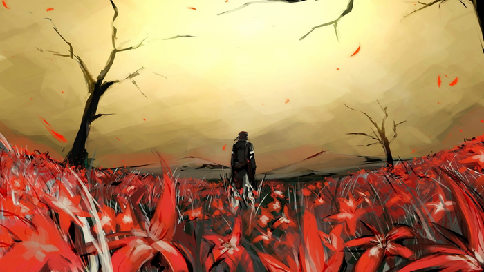 Snake from Metal Gear Solid in a field of red flowers