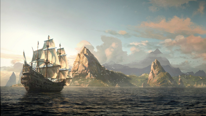 Sailing ship near rocky islands at sunrise or sunset