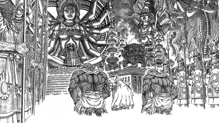 Berserk manga panel with figures and statues