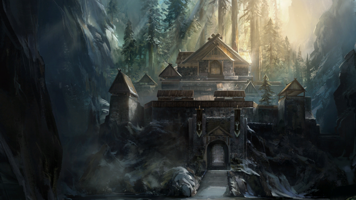 Fortress in a mountain pass with forest