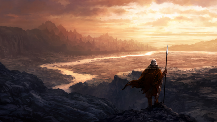A lone warrior with a spear overlooks a vast valley at sunset.