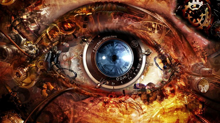 Steampunk mechanical eye with gears and lenses