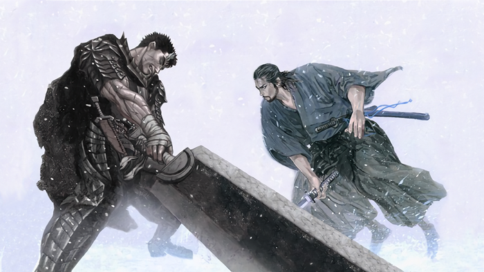 Guts from Berserk and Musashi from Vagabond in snow