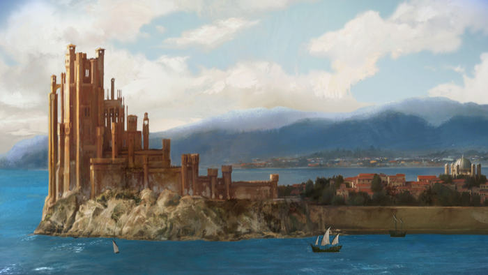 Castle on a cliff overlooking the sea with a cityscape