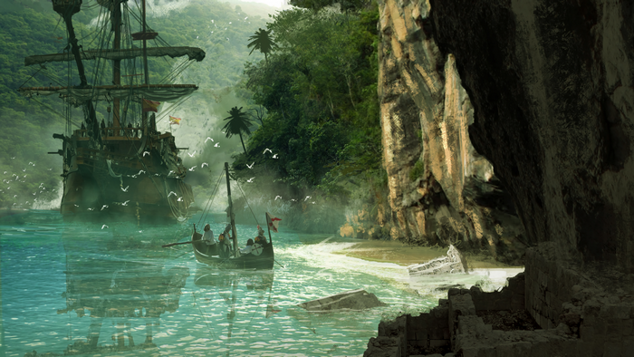 Pirate ship and rowboat near a jungle island cave