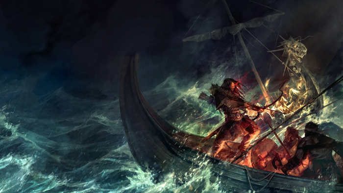 Viking longship in a stormy sea with a ghost ship