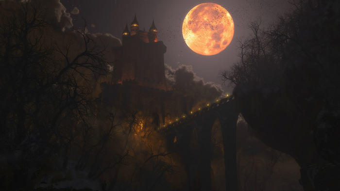 Castle Under a Glowing Full Moon at Night