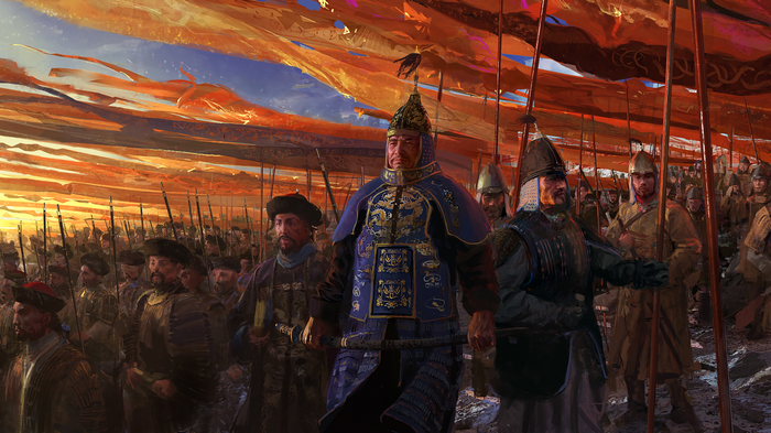 Army with banners at sunset
