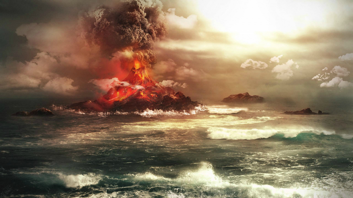 Volcanic eruption on an island in the ocean