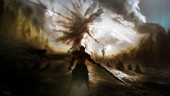 Fantasy battle with warrior and dark entity